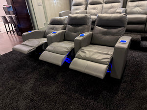 Elran Grey Leather Power Reclining 3-Seat Home Theatre Seating, with Blue LED Accent Lighting (*retail $3,800)