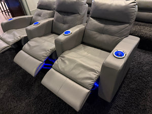 Elran Grey Leather Power Reclining 3-Seat Home Theatre Seating, with Blue LED Accent Lighting (*retail $3,800)