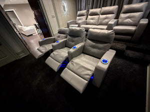 Elran Grey Leather Power Reclining 3-Seat Home Theatre Seating, with Blue LED Accent Lighting (*retail $3,800)