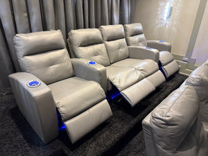 Elran Grey Leather Power Reclining 4-Seat Home Theatre Seating, with Blue LED Accent Lighting (*retail $4,500)
