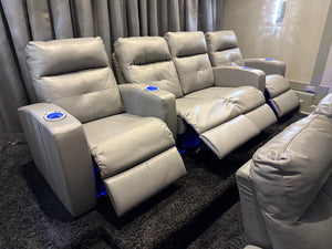 Elran Grey Leather Power Reclining 4-Seat Home Theatre Seating, with Blue LED Accent Lighting (*retail $4,500)