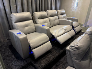 Elran Grey Leather Power Reclining 4-Seat Home Theatre Seating, with Blue LED Accent Lighting (*retail $4,500)