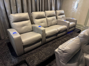 Elran Grey Leather Power Reclining 4-Seat Home Theatre Seating, with Blue LED Accent Lighting (*retail $4,500)