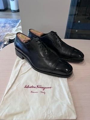 Men's Salvatore Ferragamo Tramzza Black Leather Cap Toe Shoes, Size 7.5