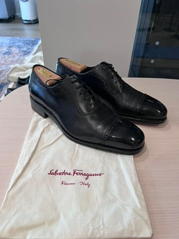 Men's Salvatore Ferragamo Tramzza Black Leather Cap Toe Shoes, Size 7.5