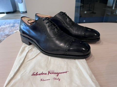 Men's Salvatore Ferragamo Tramzza Black Leather Cap Toe Shoes, Size 7.5