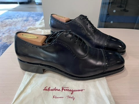 Men's Salvatore Ferragamo Tramzza Black Leather Cap Toe Shoes, Size 7.5