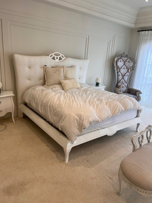 White Upholstered King Bed with Glossy Lacquered Frame