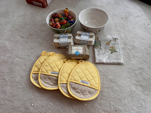 Easter Lot- Williams-Sonoma: Alabaster Eggs, 2 Peter Rabbit Bowls, Trivets, Tablecloth, Wooden Eggs (*BRAND NEW) (*Retail value $200)