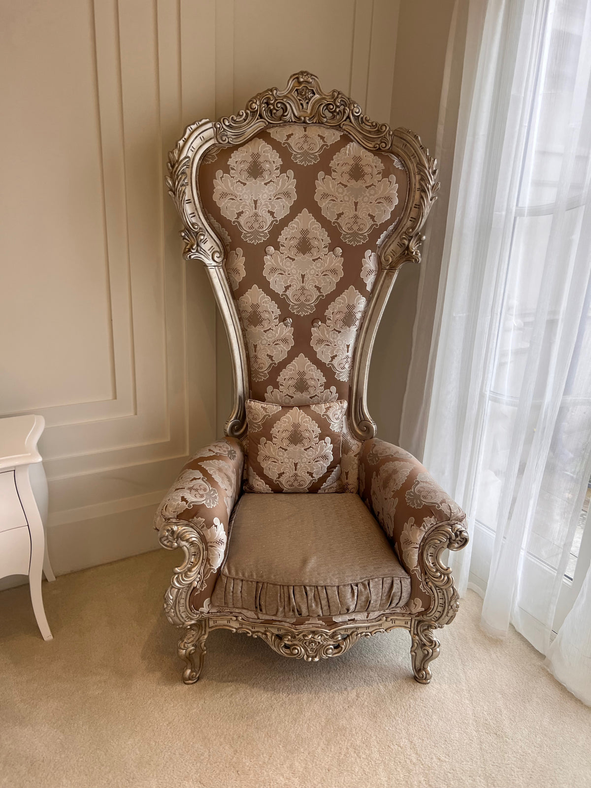 Modenese Gastone Elegant Throne Chair with Silver Leaf Finishing, Made in Italy # 1 (*retail $7,500)