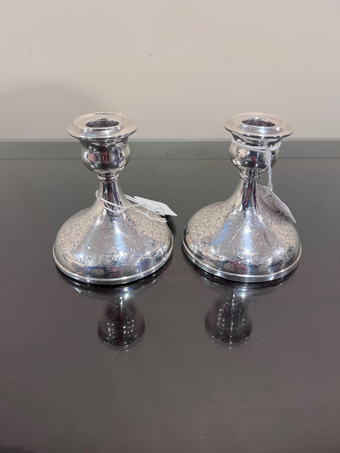 Pair of Sterling Silver Weighted Monogramed Candlesticks- 3.75"h
