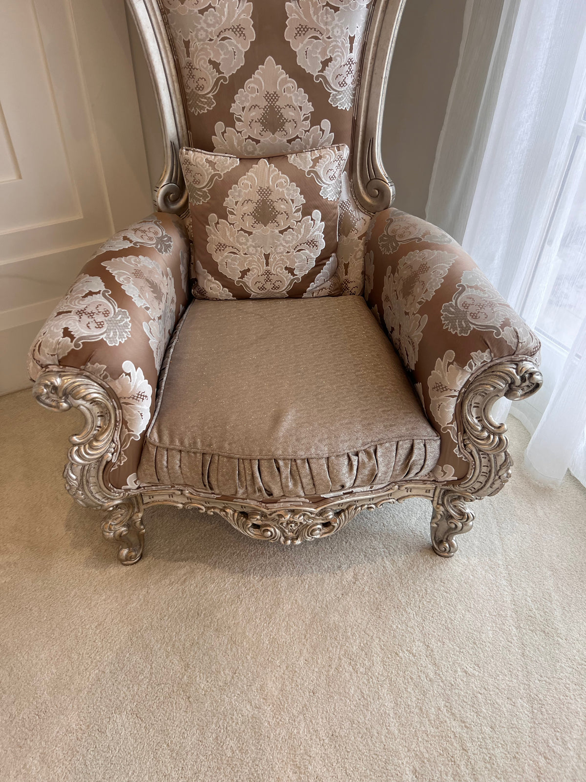 Modenese Gastone Elegant Throne Chair with Silver Leaf Finishing, Made in Italy # 1 (*retail $7,500)