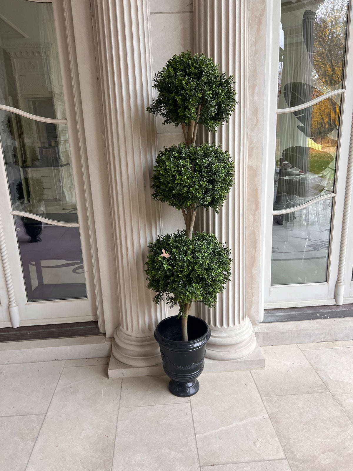 Boxwood Triple Ball Faux Tree with Black Resin Planter (*2 available- sold individually- select quantity)