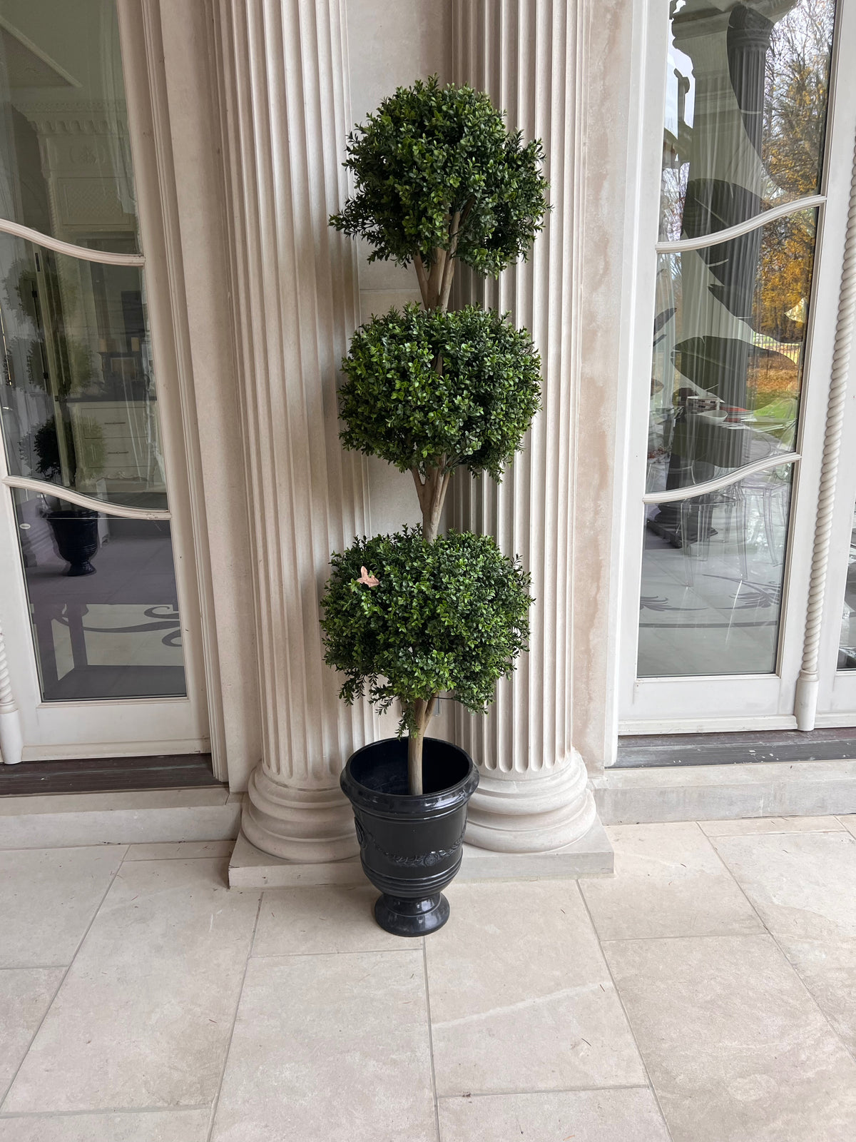 Boxwood Triple Ball Faux Tree with Black Resin Planter (*2 available- sold individually- select quantity)