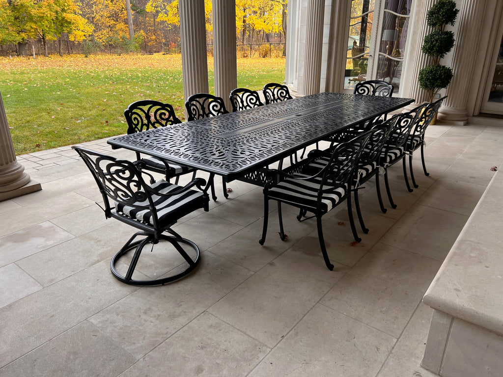 Large Black Cast Aluminum Outdoor Dining Table + 10 Chairs