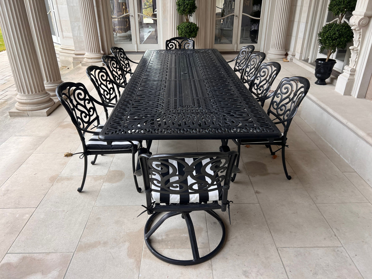 Large Black Cast Aluminum Outdoor Dining Table + 10 Chairs