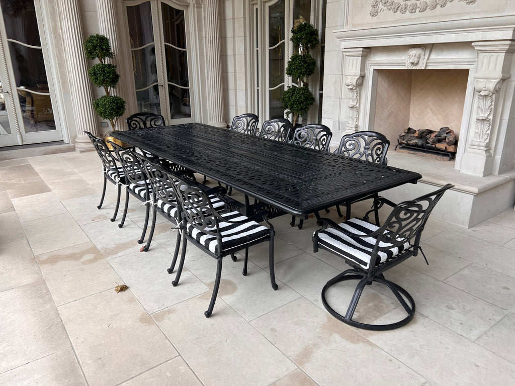 Large Black Cast Aluminum Outdoor Dining Table + 10 Chairs