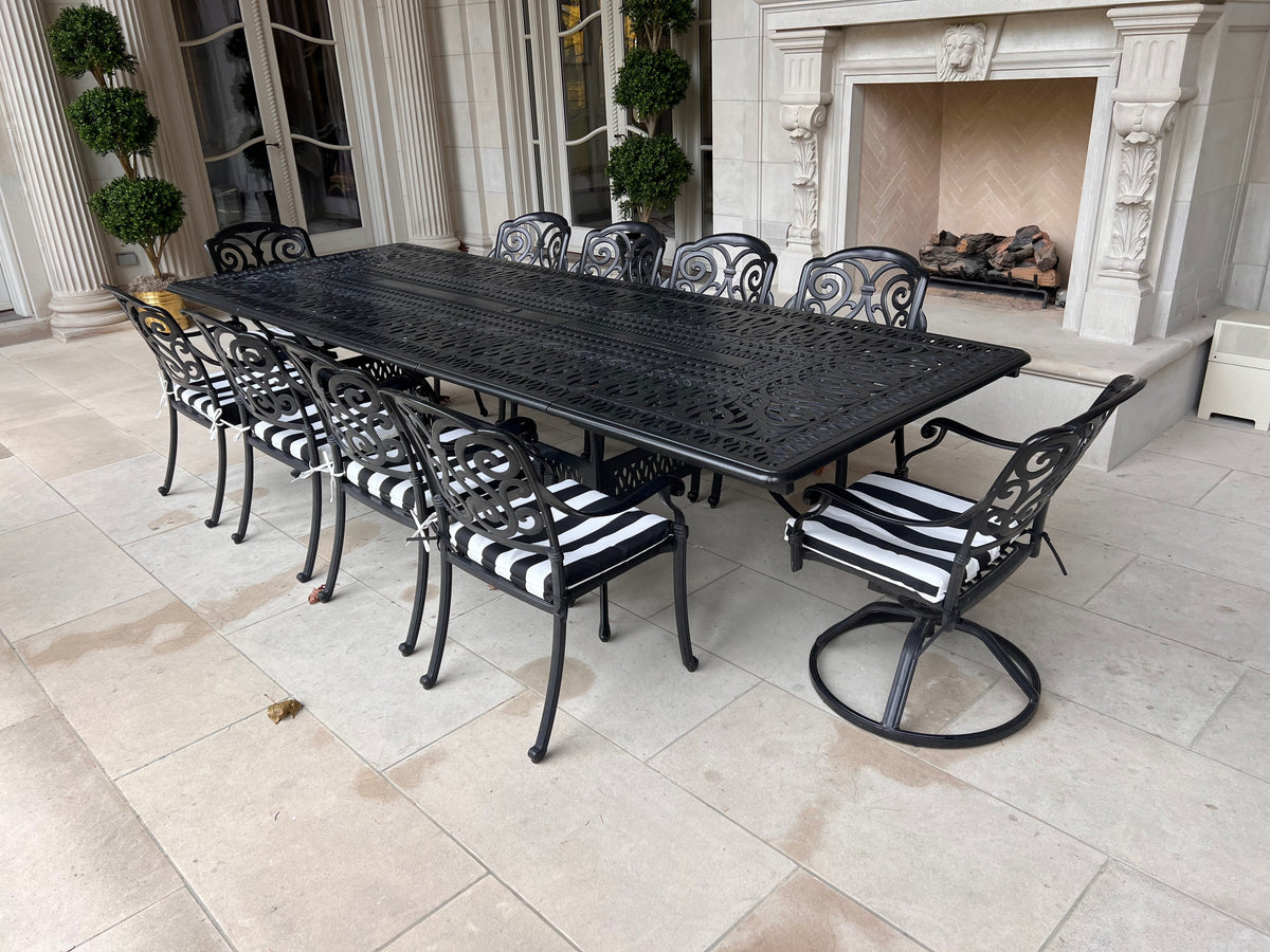 Large Black Cast Aluminum Outdoor Dining Table + 10 Chairs