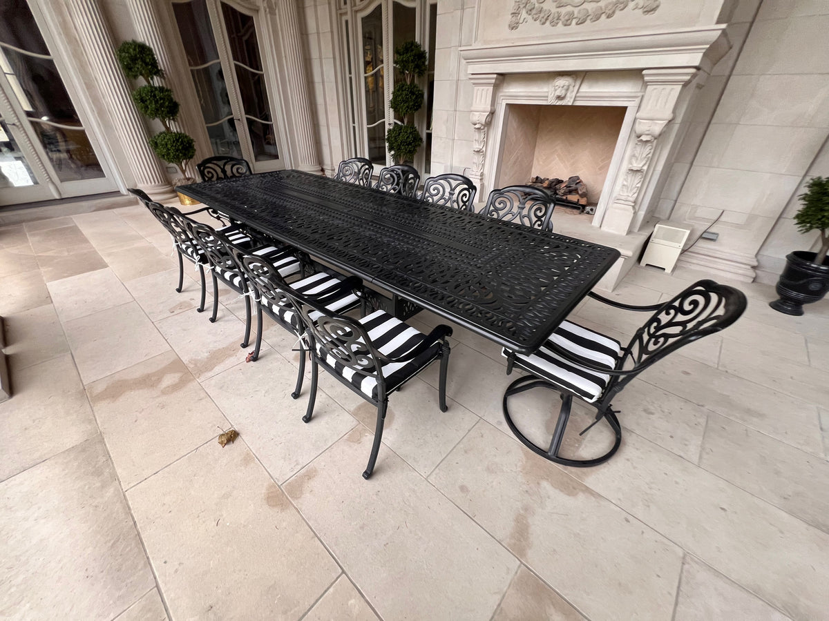 Large Black Cast Aluminum Outdoor Dining Table + 10 Chairs