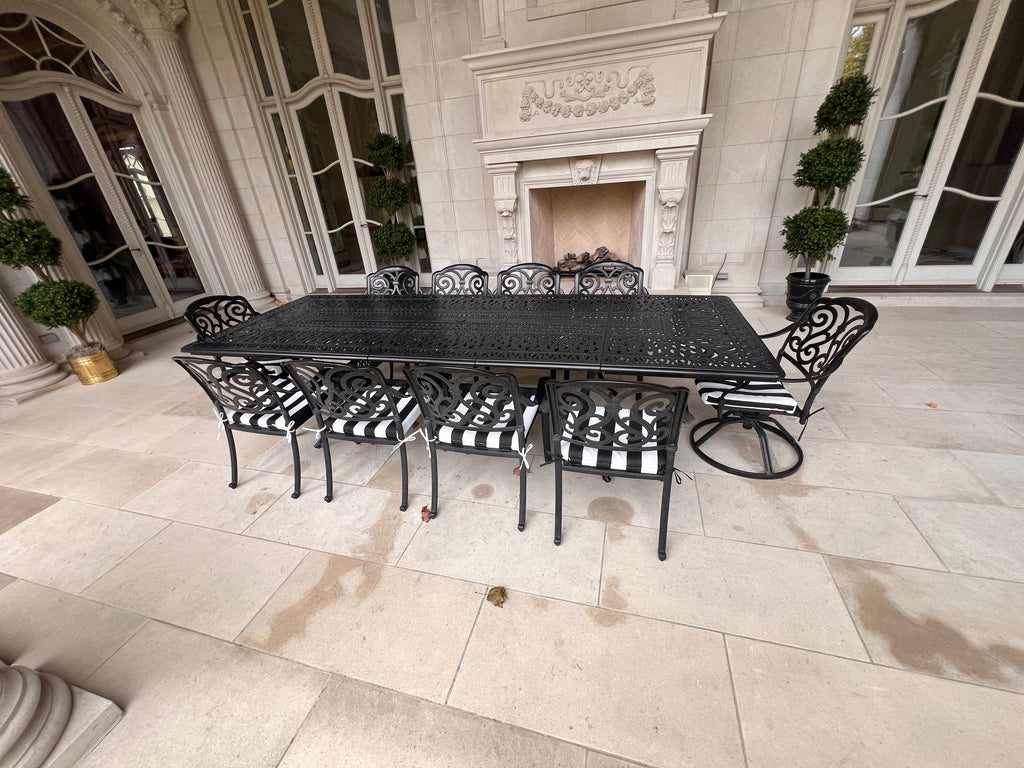 Large Black Cast Aluminum Outdoor Dining Table + 10 Chairs