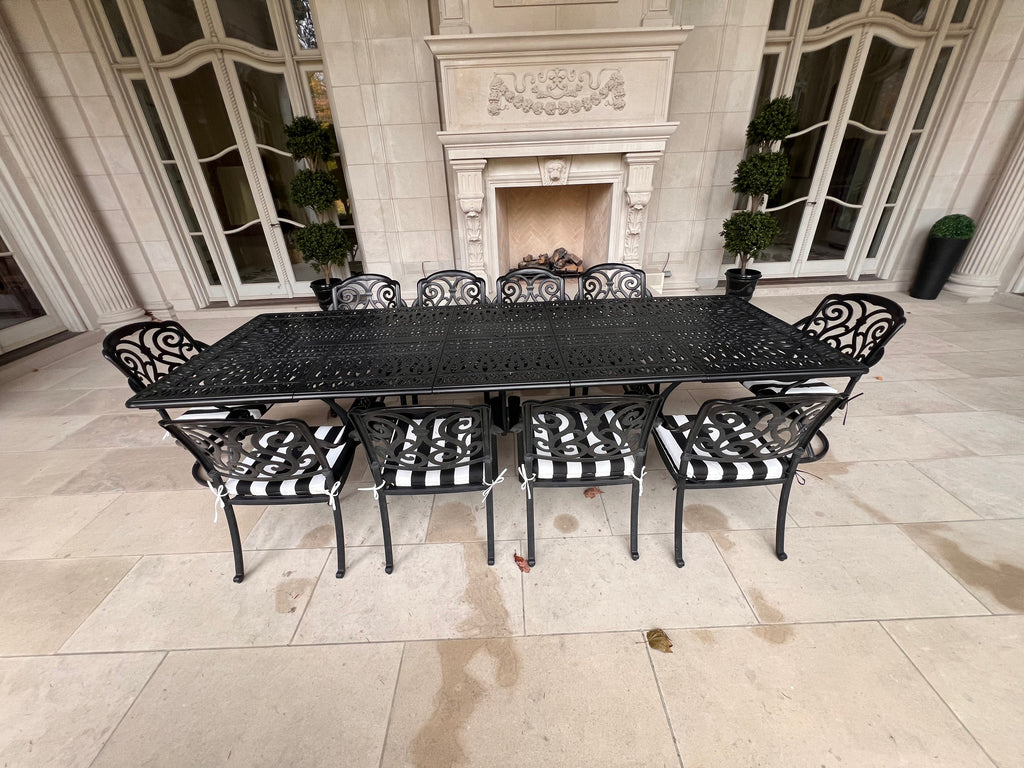 Large Black Cast Aluminum Outdoor Dining Table + 10 Chairs