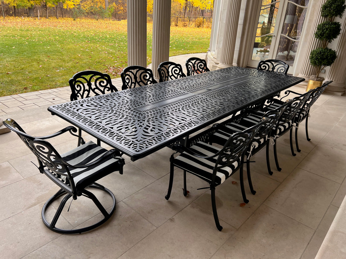 Large Black Cast Aluminum Outdoor Dining Table + 10 Chairs