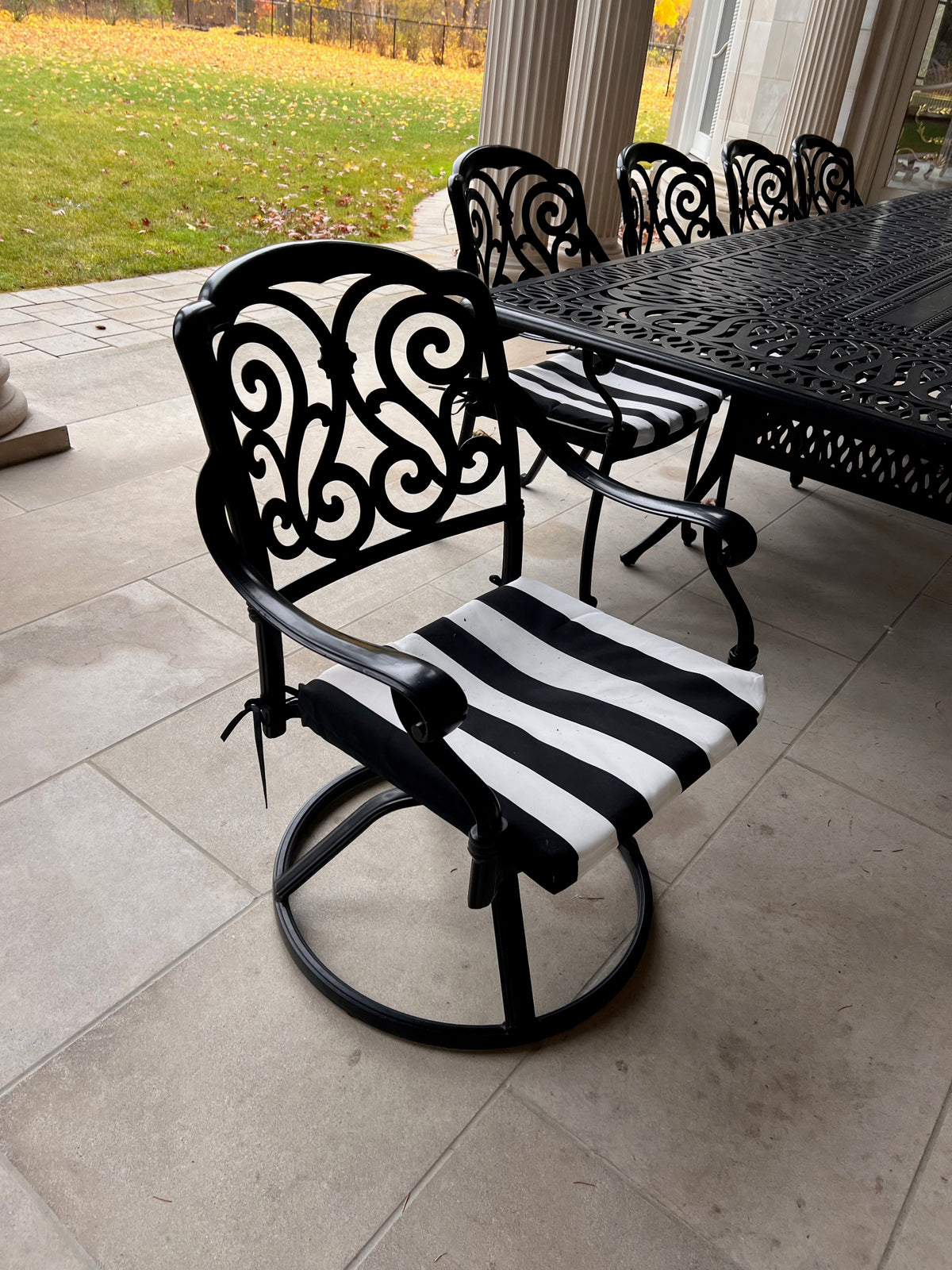 Large Black Cast Aluminum Outdoor Dining Table + 10 Chairs