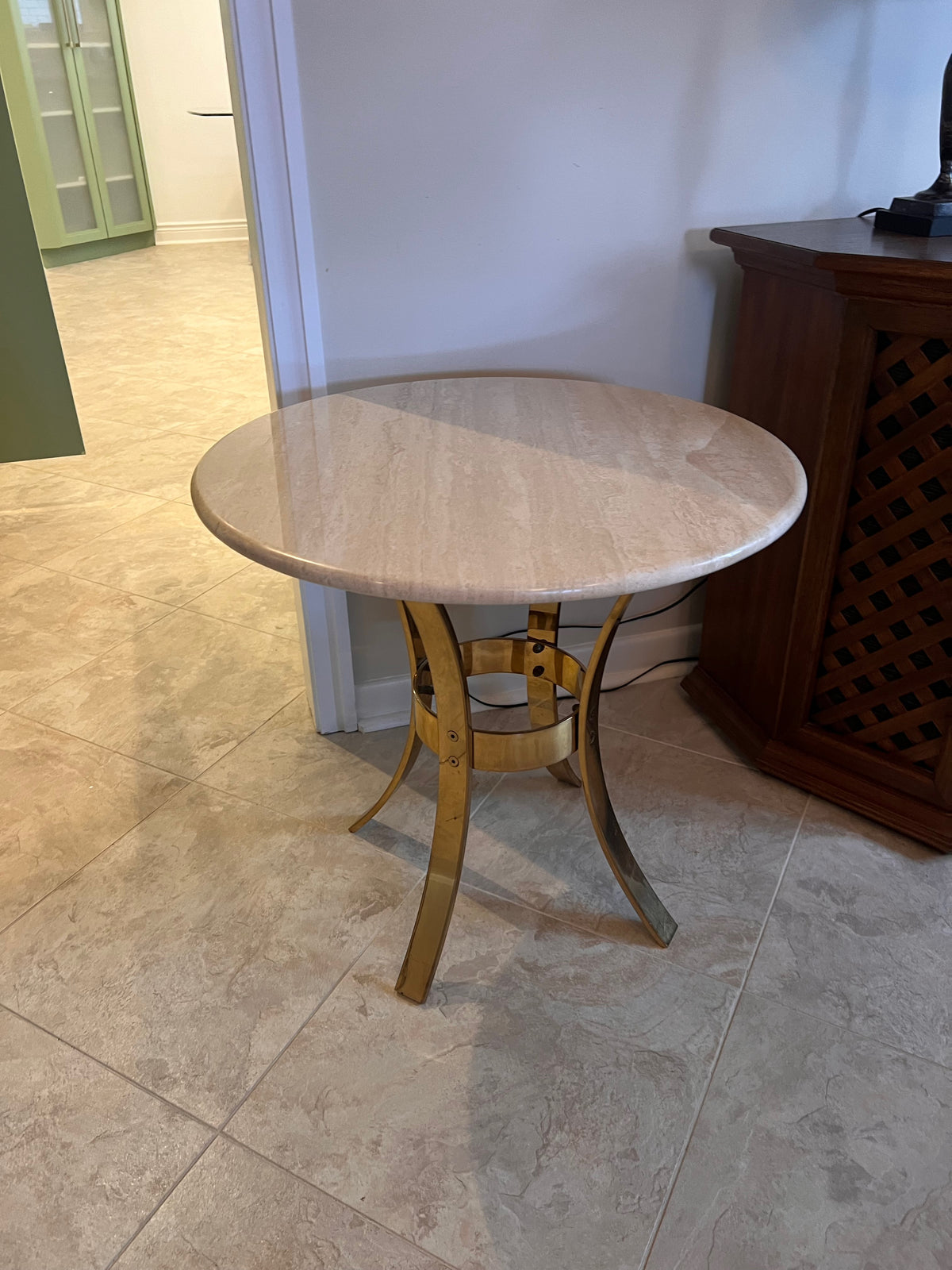Vintage Travertine Side Table, Gold Base