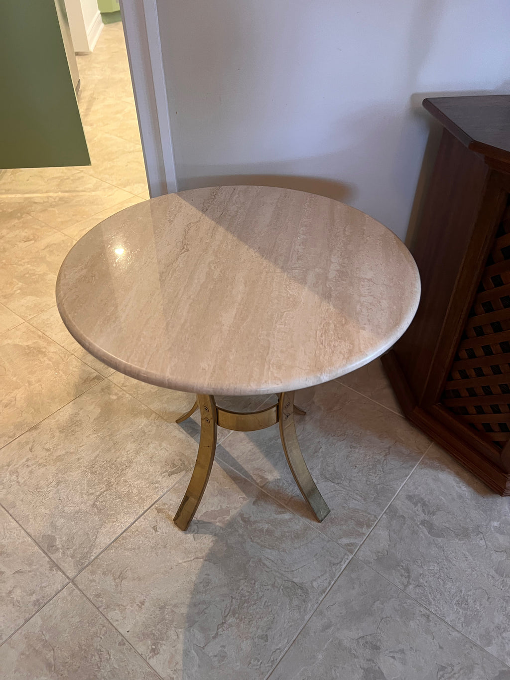 Vintage Travertine Side Table, Gold Base