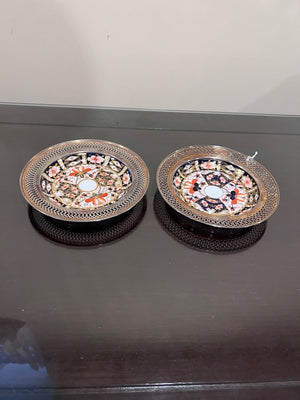 2 Royal Crown Derby Imari 2451 Saucers with Sterling Silver Rims