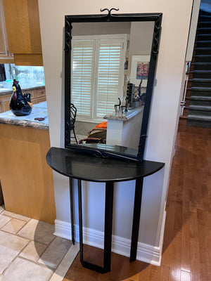Custom Made Demilune Granite Top Console Table, Cast Iron Base with Matching Mirror