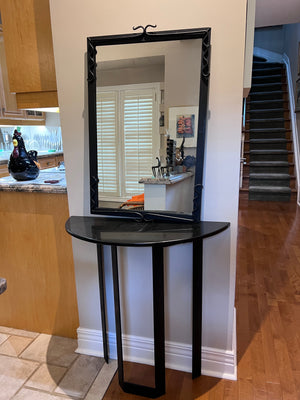 Custom Made Demilune Granite Top Console Table, Cast Iron Base with Matching Mirror