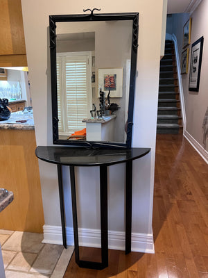 Custom Made Demilune Granite Top Console Table, Cast Iron Base with Matching Mirror