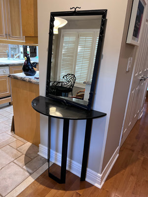 Custom Made Demilune Granite Top Console Table, Cast Iron Base with Matching Mirror