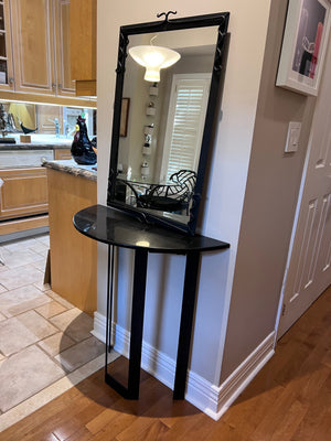 Custom Made Demilune Granite Top Console Table, Cast Iron Base with Matching Mirror