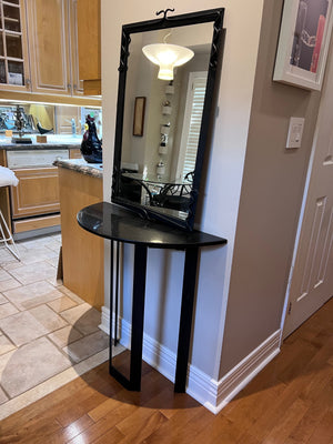 Custom Made Demilune Granite Top Console Table, Cast Iron Base with Matching Mirror