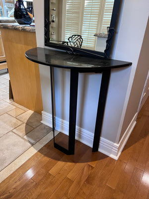 Custom Made Demilune Granite Top Console Table, Cast Iron Base with Matching Mirror