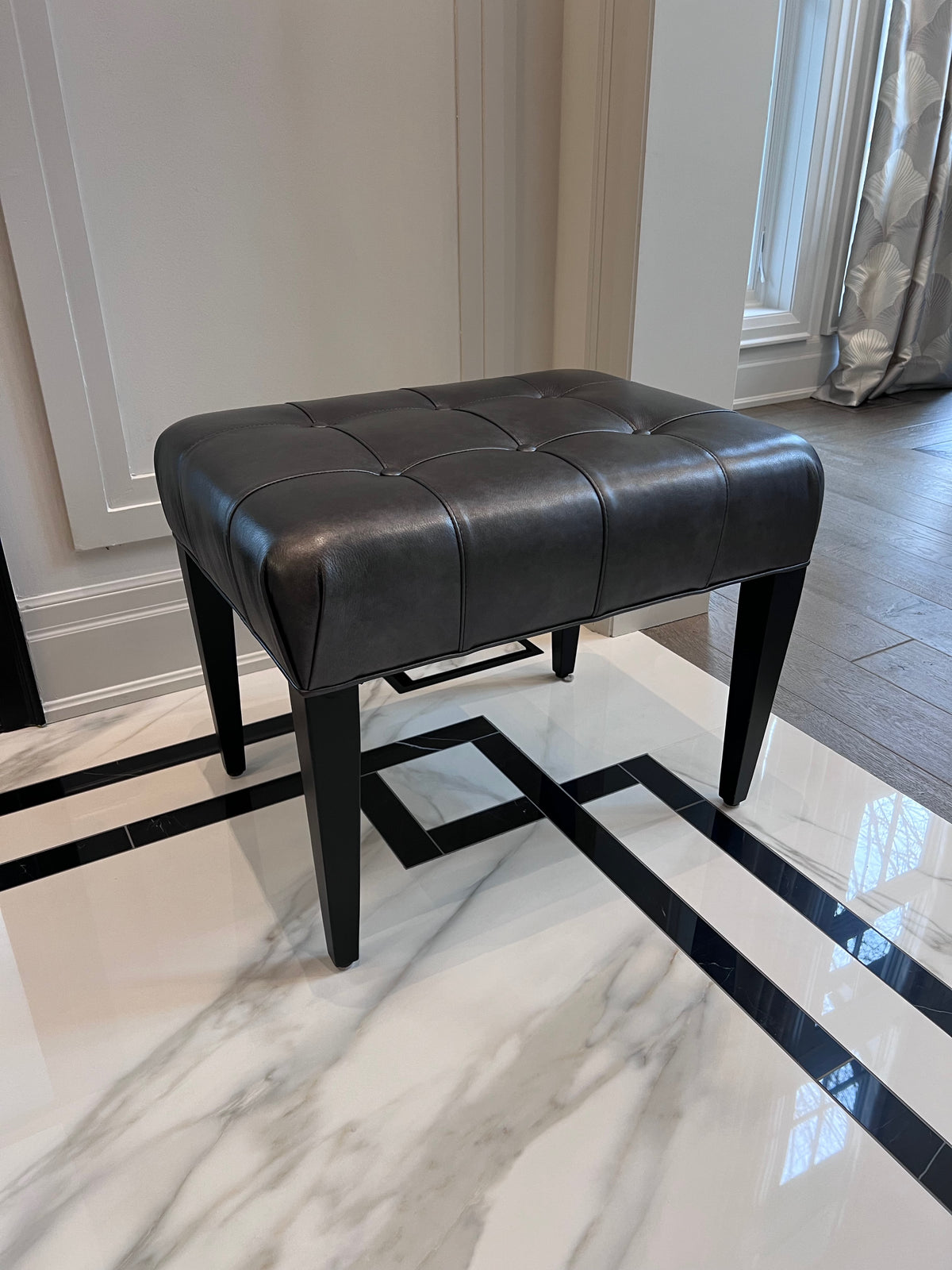 Ethan Allen Harbor Leather Tufted Wood-Base Bunching Ottoman, Lazaro Charcoal # 1 (*retail $1,072)