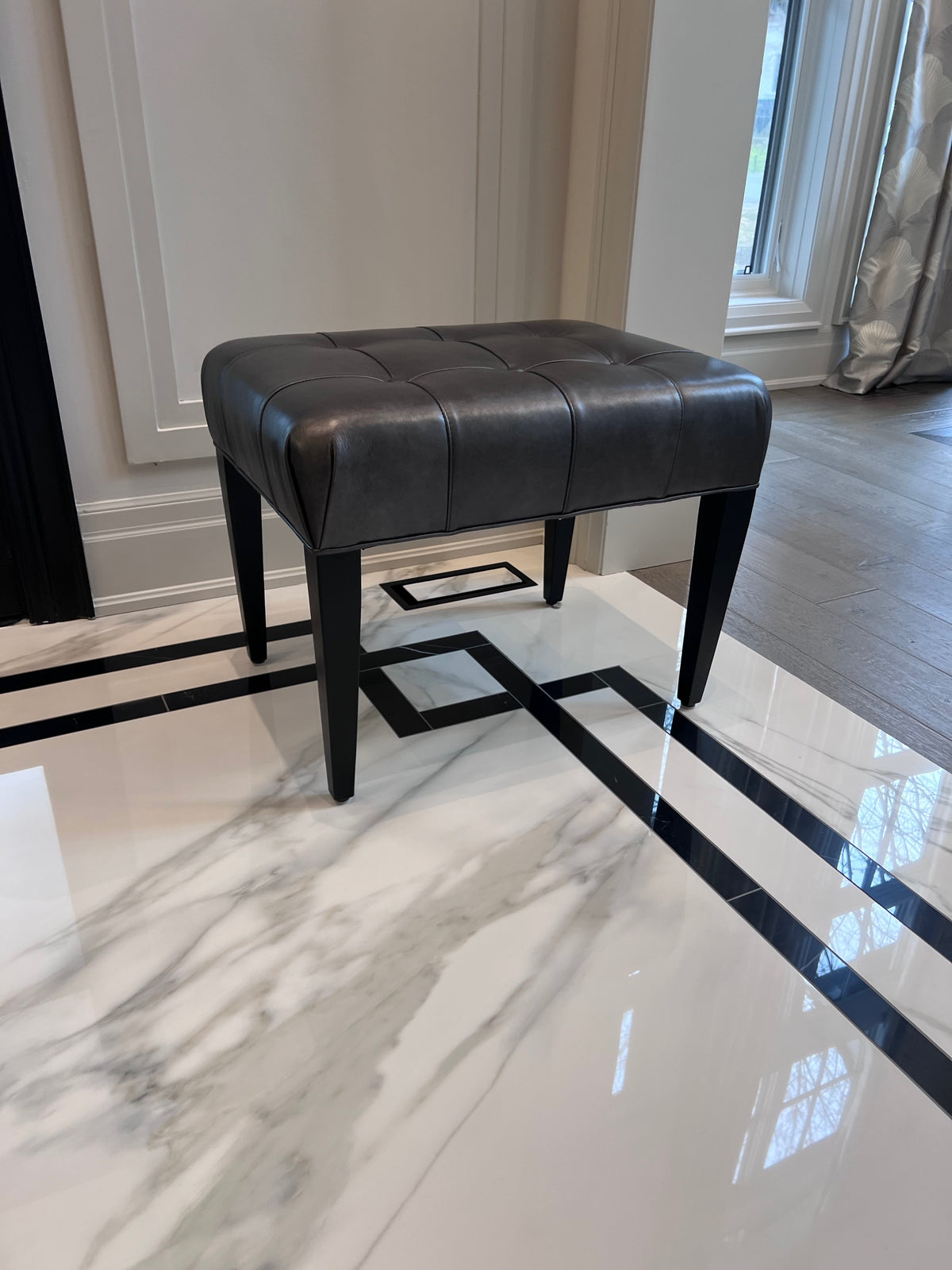 Ethan Allen Harbor Leather Tufted Wood-Base Bunching Ottoman, Lazaro Charcoal # 1 (*retail $1,072)