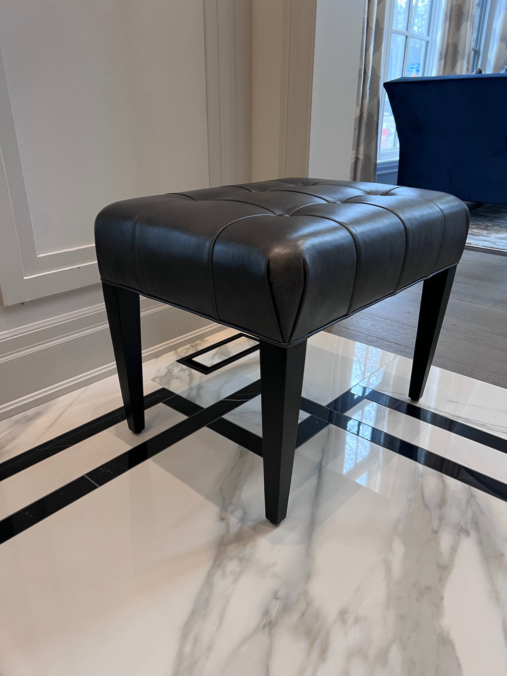 Ethan Allen Harbor Leather Tufted Wood-Base Bunching Ottoman, Lazaro Charcoal # 1 (*retail $1,072)