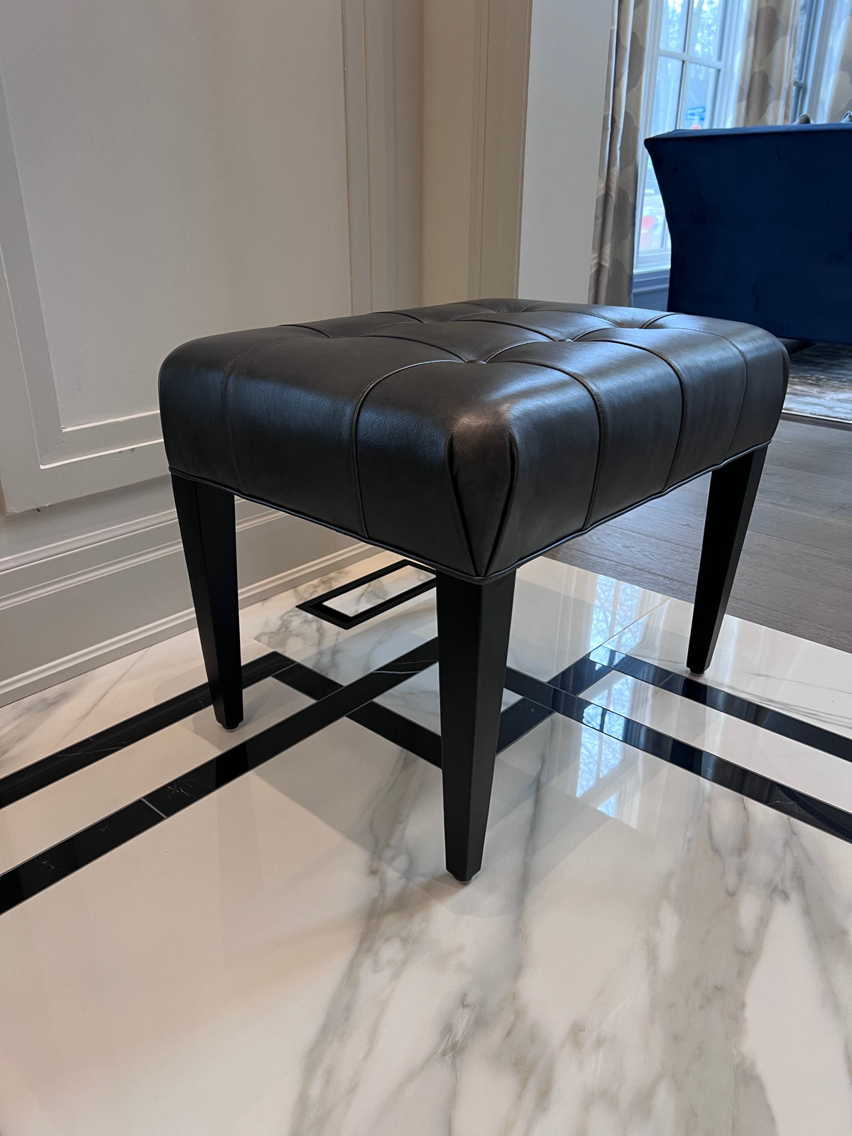 Ethan Allen Harbor Leather Tufted Wood-Base Bunching Ottoman, Lazaro Charcoal # 1 (*retail $1,072)