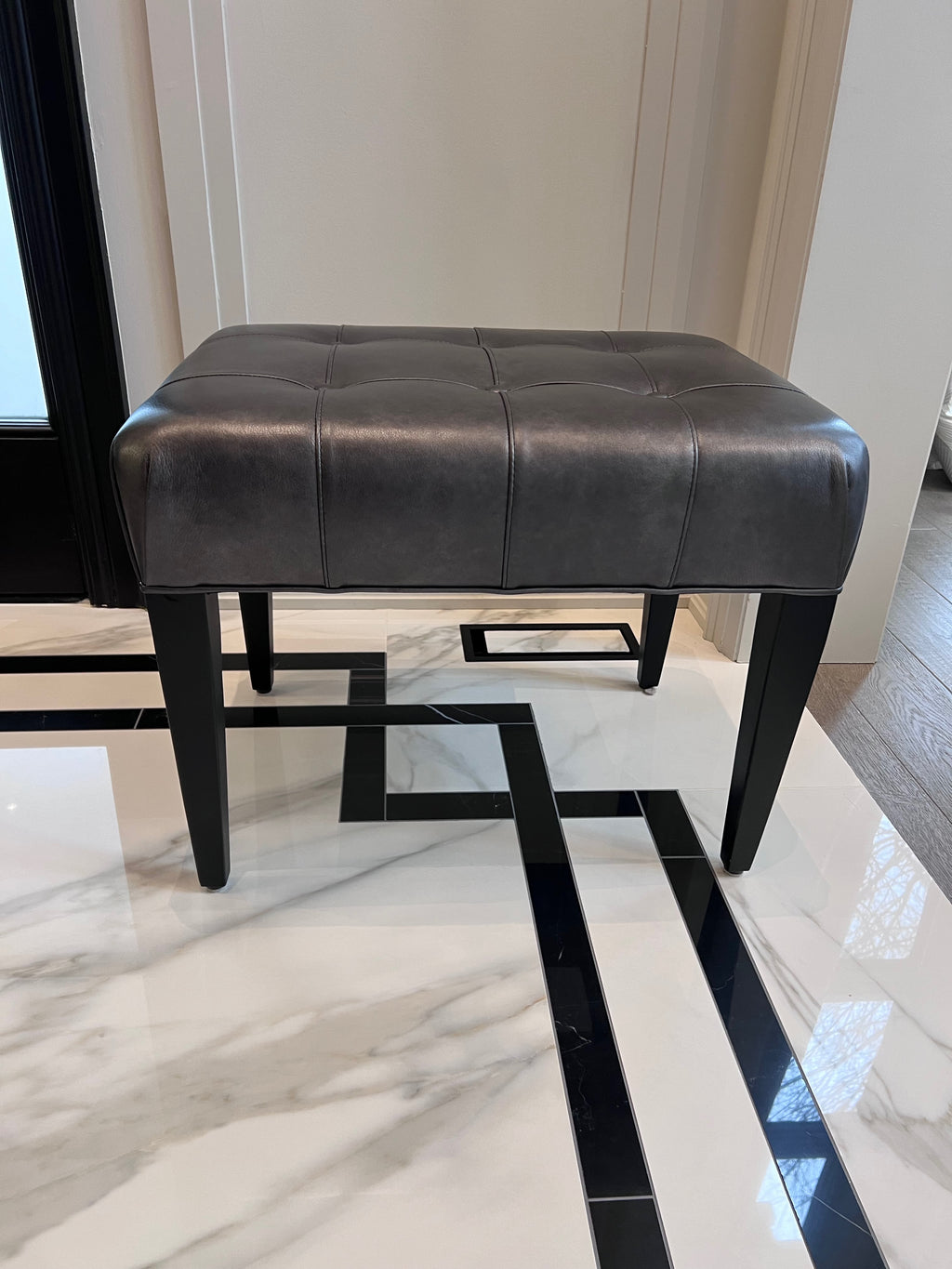 Ethan Allen Harbor Leather Tufted Wood-Base Bunching Ottoman, Lazaro Charcoal # 1 (*retail $1,072)