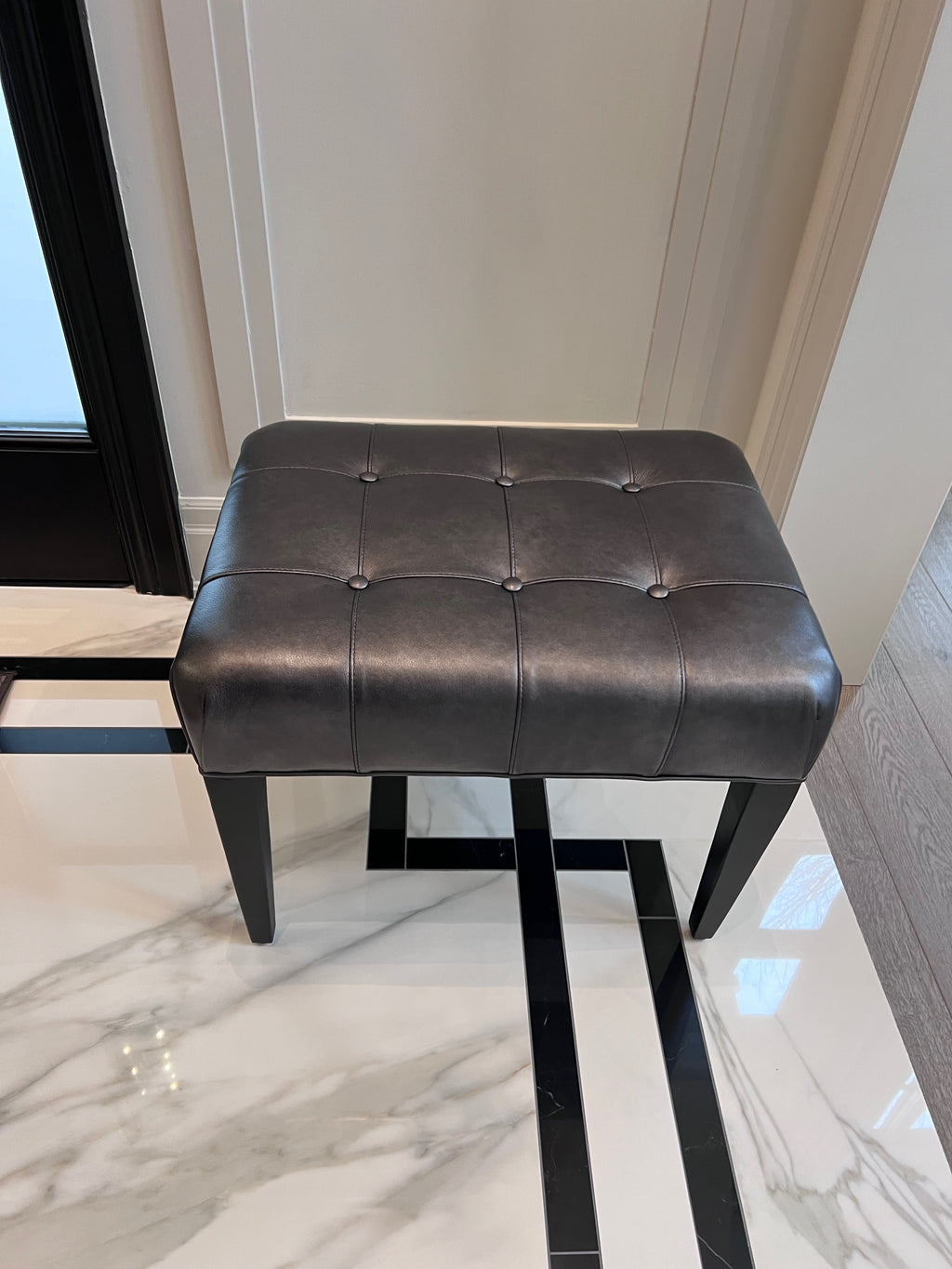 Ethan Allen Harbor Leather Tufted Wood-Base Bunching Ottoman, Lazaro Charcoal # 1 (*retail $1,072)