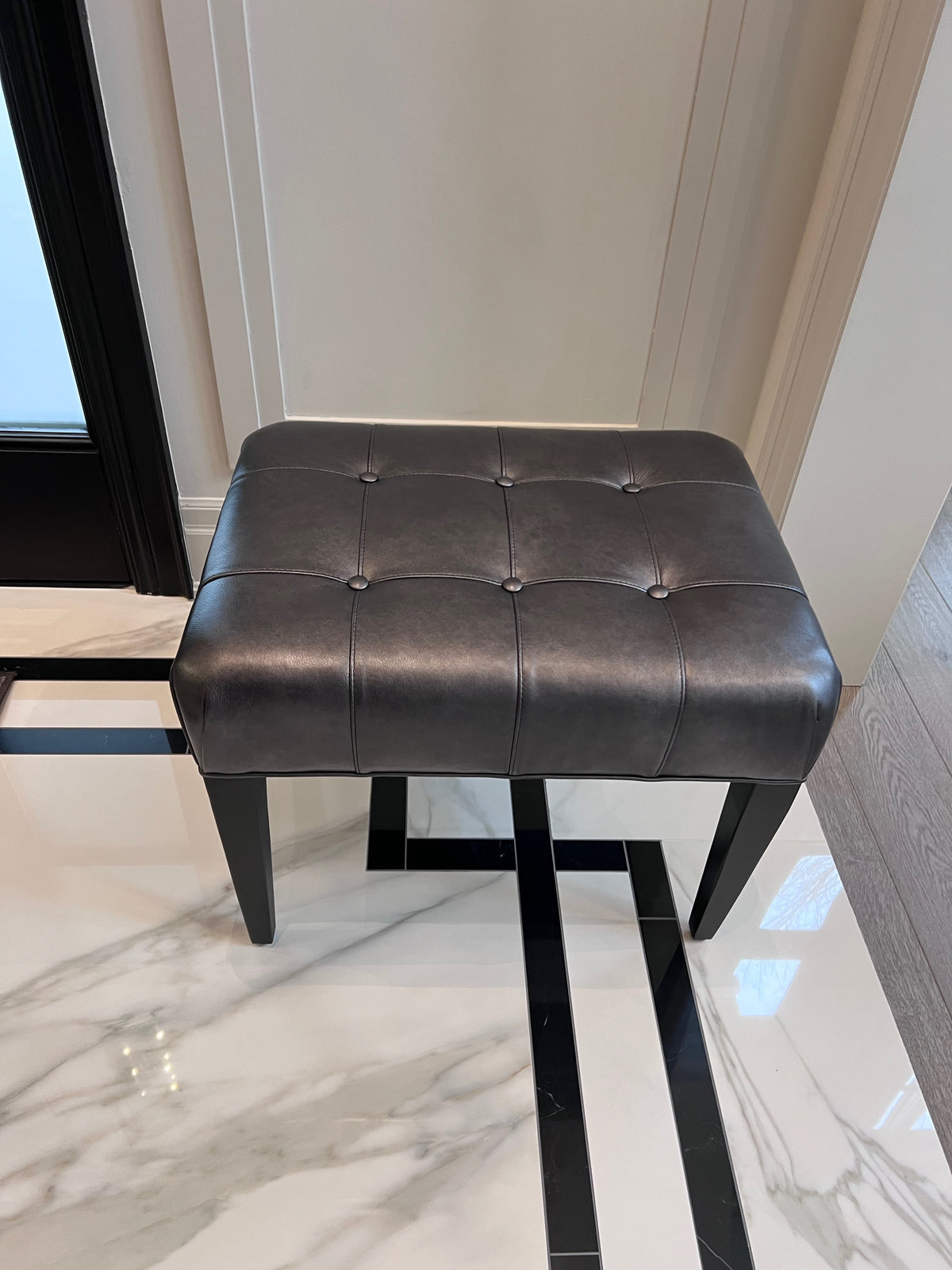 Ethan Allen Harbor Leather Tufted Wood-Base Bunching Ottoman, Lazaro Charcoal # 1 (*retail $1,072)