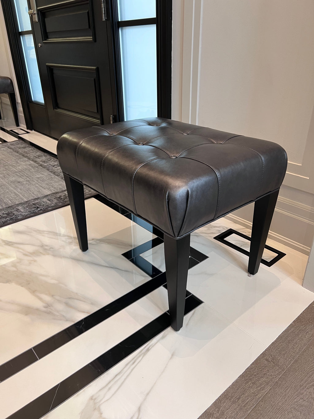 Ethan Allen Harbor Leather Tufted Wood-Base Bunching Ottoman, Lazaro Charcoal # 1 (*retail $1,072)