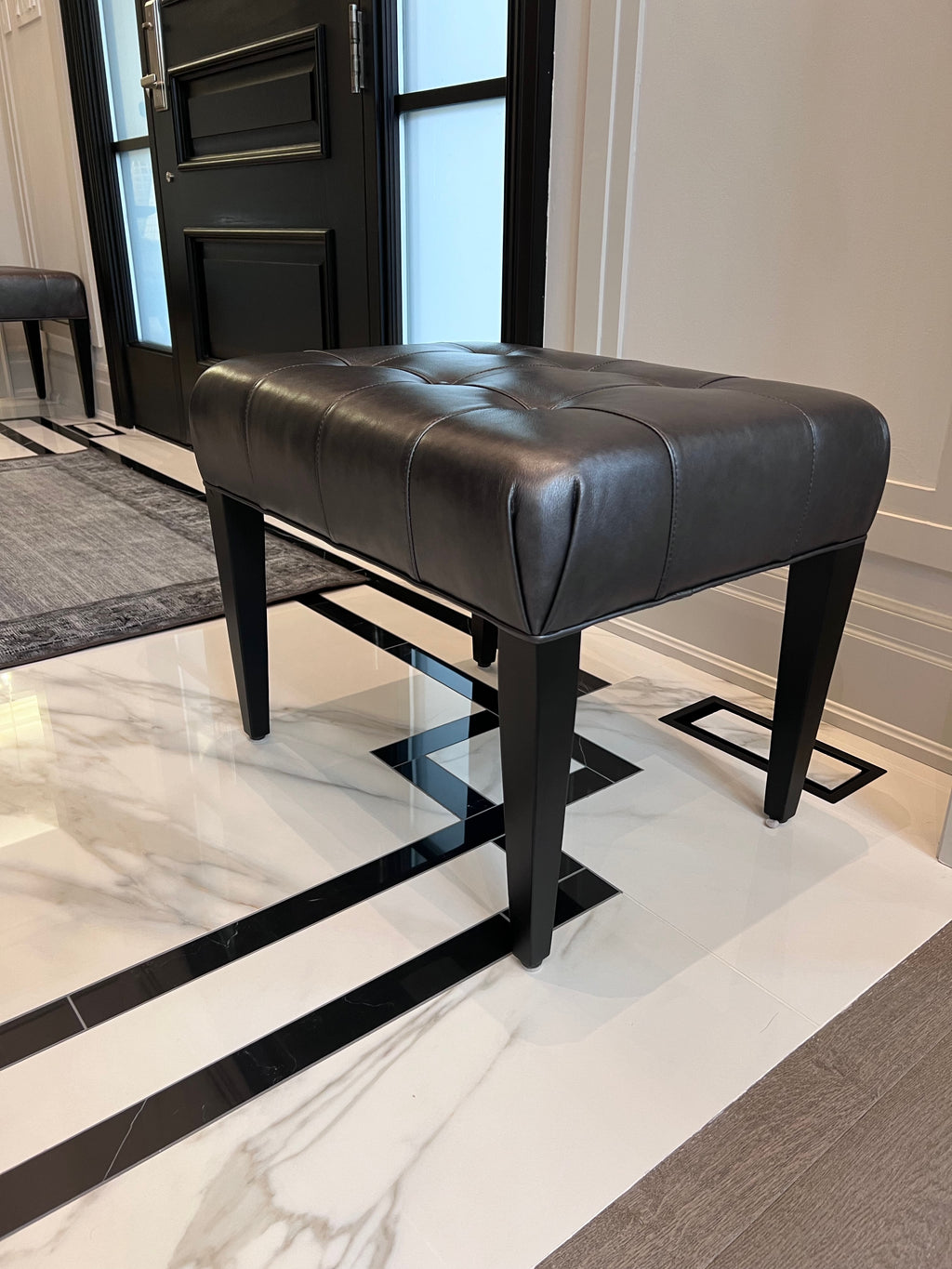 Ethan Allen Harbor Leather Tufted Wood-Base Bunching Ottoman, Lazaro Charcoal # 1 (*retail $1,072)