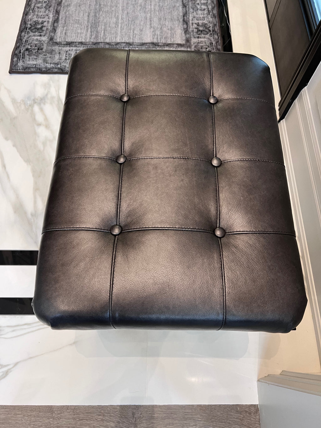 Ethan Allen Harbor Leather Tufted Wood-Base Bunching Ottoman, Lazaro Charcoal # 1 (*retail $1,072)