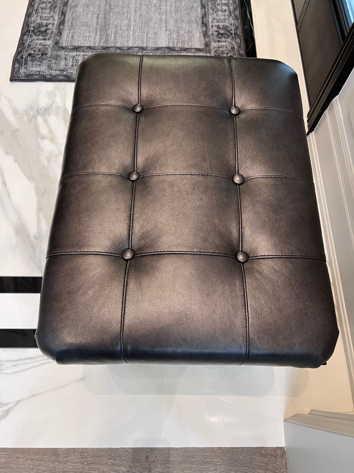 Ethan Allen Harbor Leather Tufted Wood-Base Bunching Ottoman, Lazaro Charcoal # 1 (*retail $1,072)