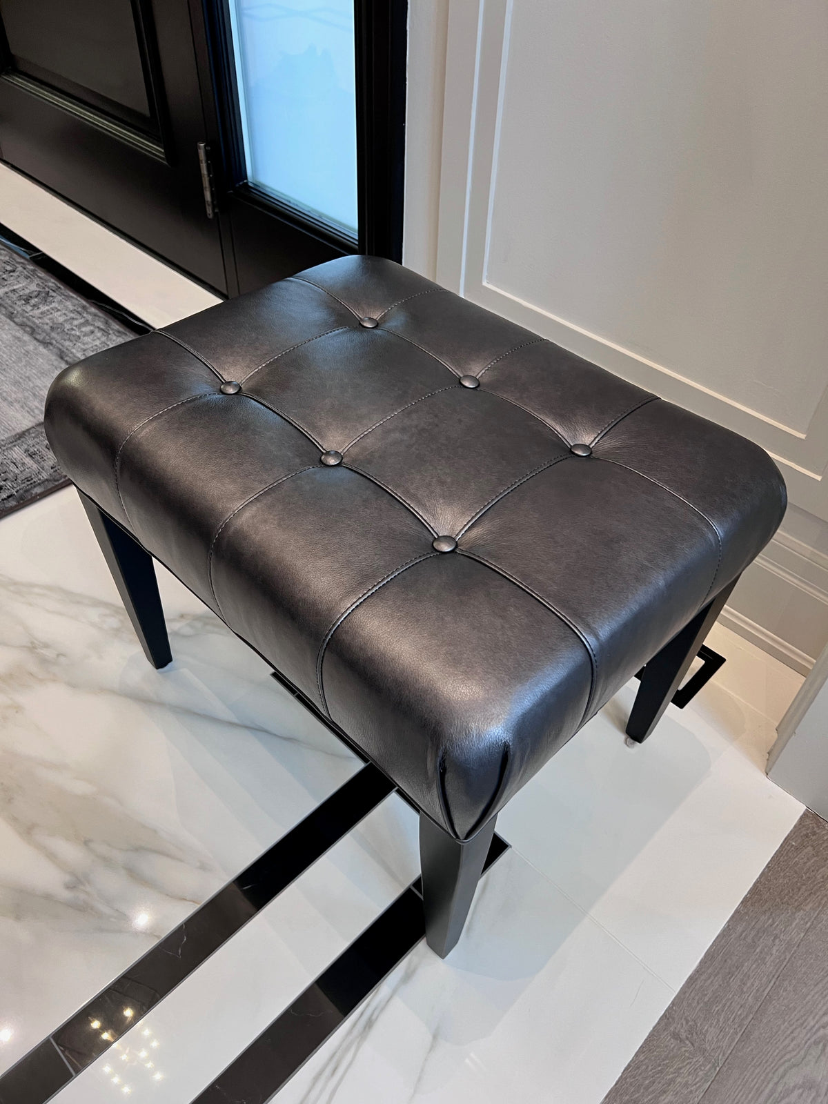 Ethan Allen Harbor Leather Tufted Wood-Base Bunching Ottoman, Lazaro Charcoal # 1 (*retail $1,072)