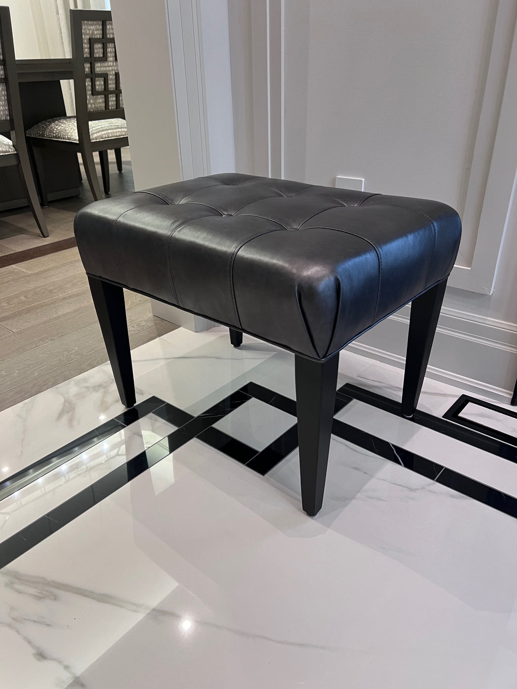 Ethan Allen Harbor Leather Tufted Wood-Base Bunching Ottoman, Lazaro Charcoal # 2 (*retail $1,072)